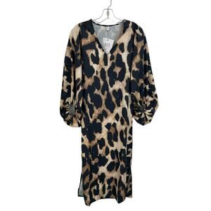 NWT Laladudu Tan Black Animal Print Balloon Sleeve Midi Dress Womens Size Medium